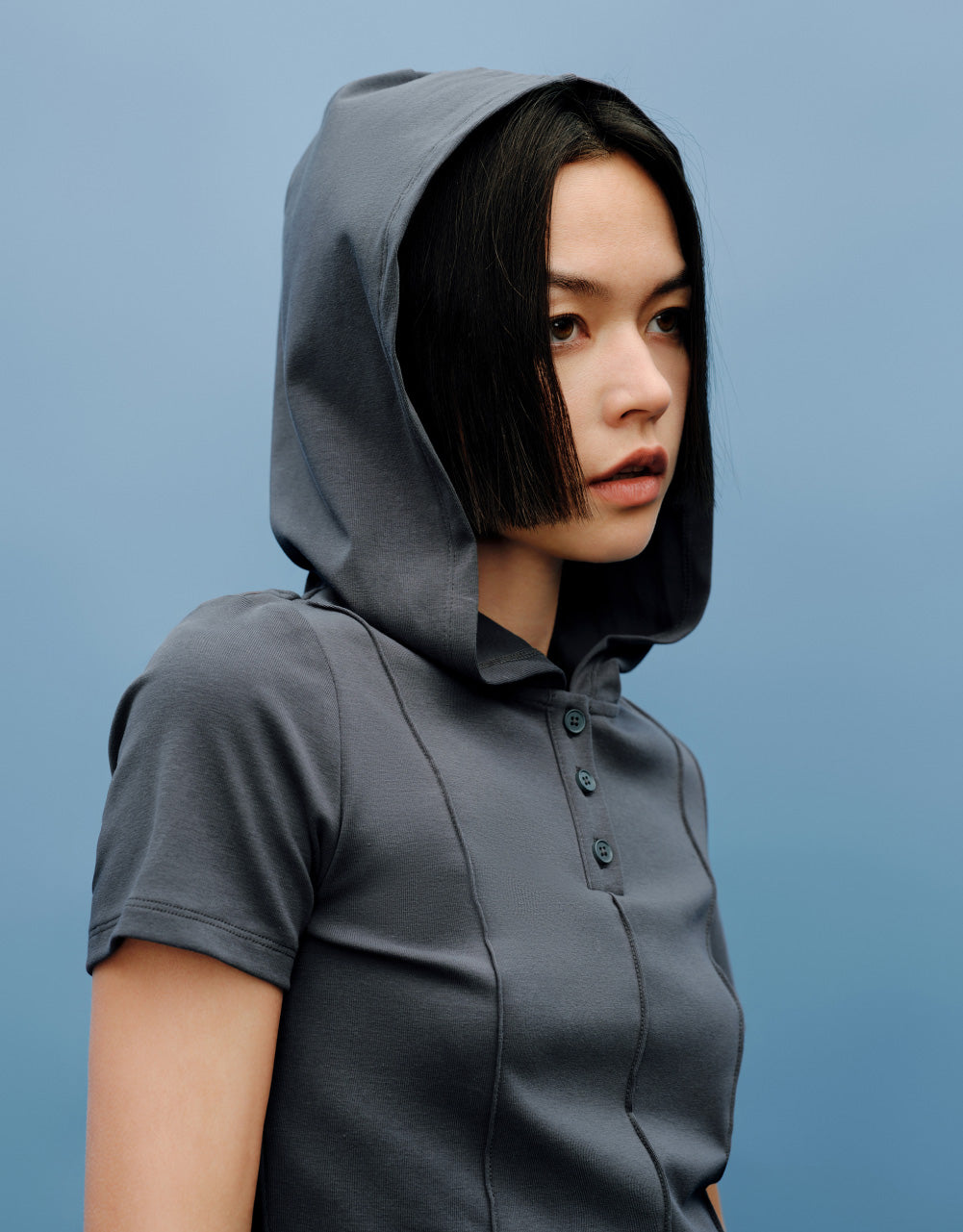 Button Half Placket Hooded T-Shirt