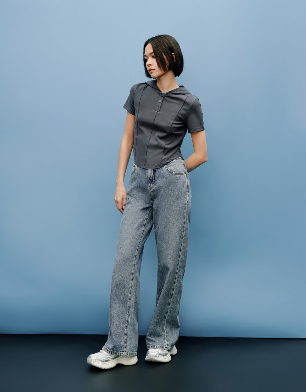 Button Half Placket Hooded T-Shirt