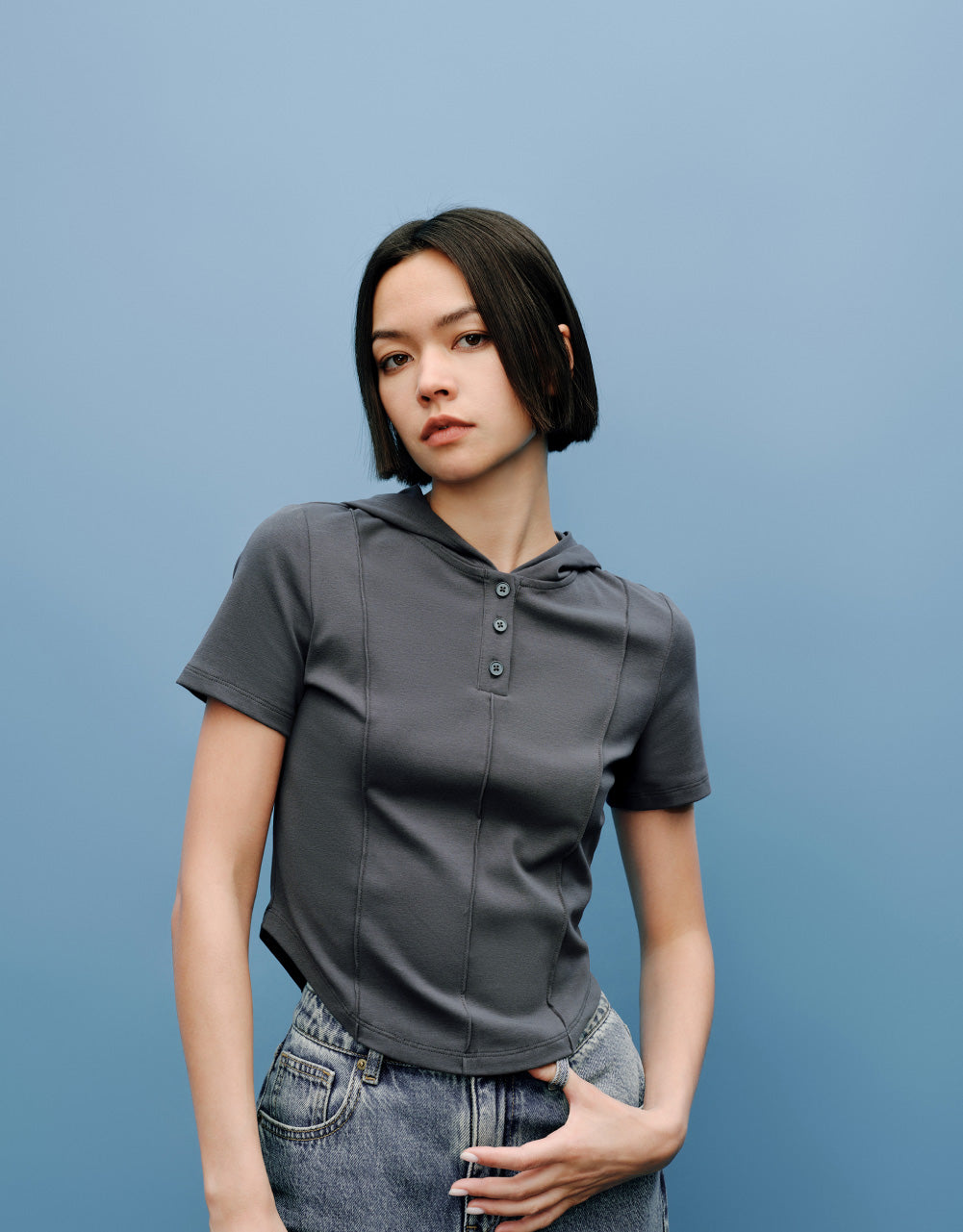 Button Half Placket Hooded T-Shirt