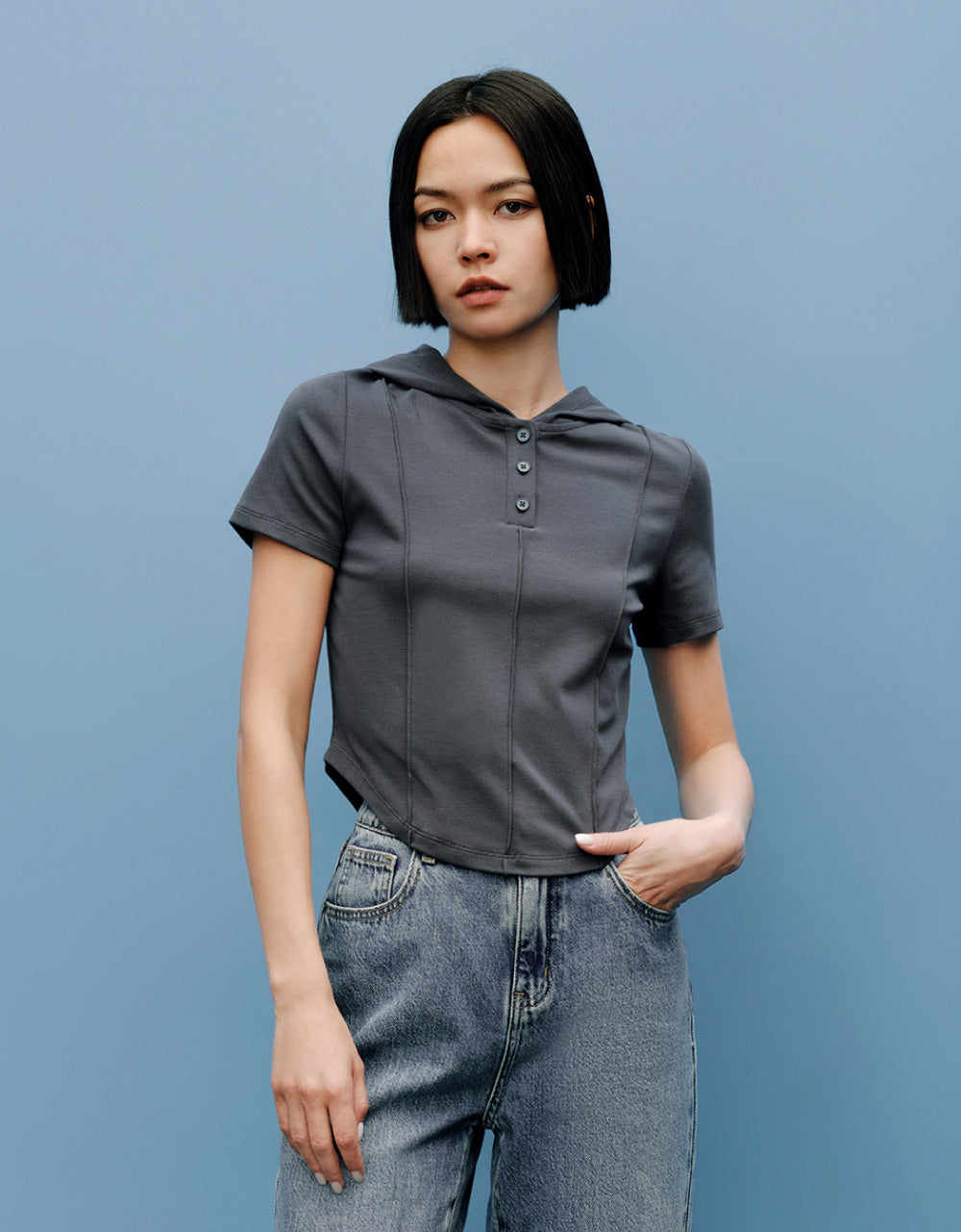 Button Half Placket Hooded T-Shirt