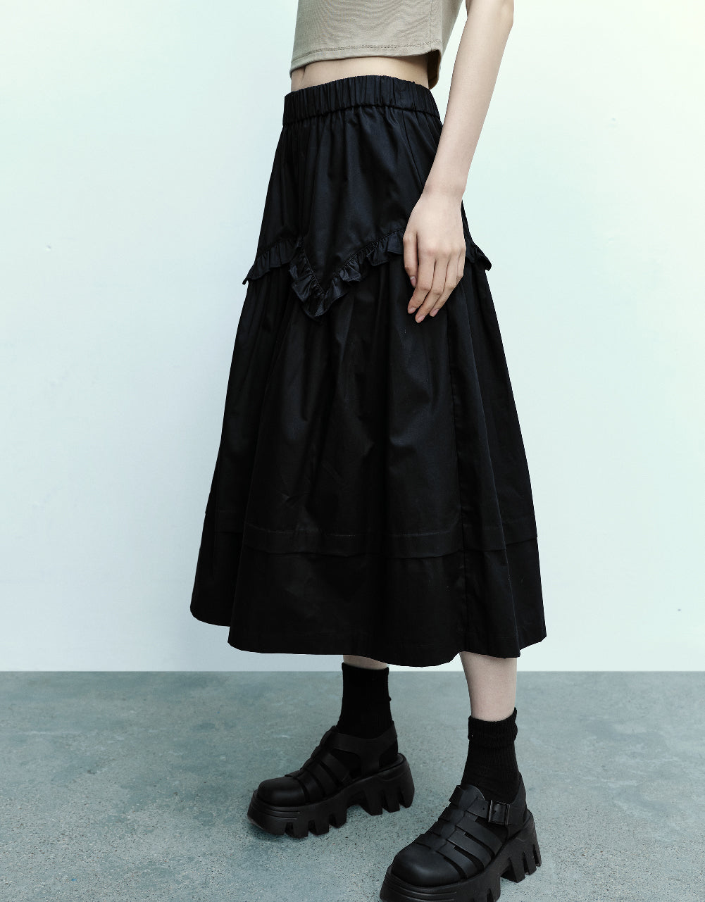 Elastic Waist Midi A-Line Skirt