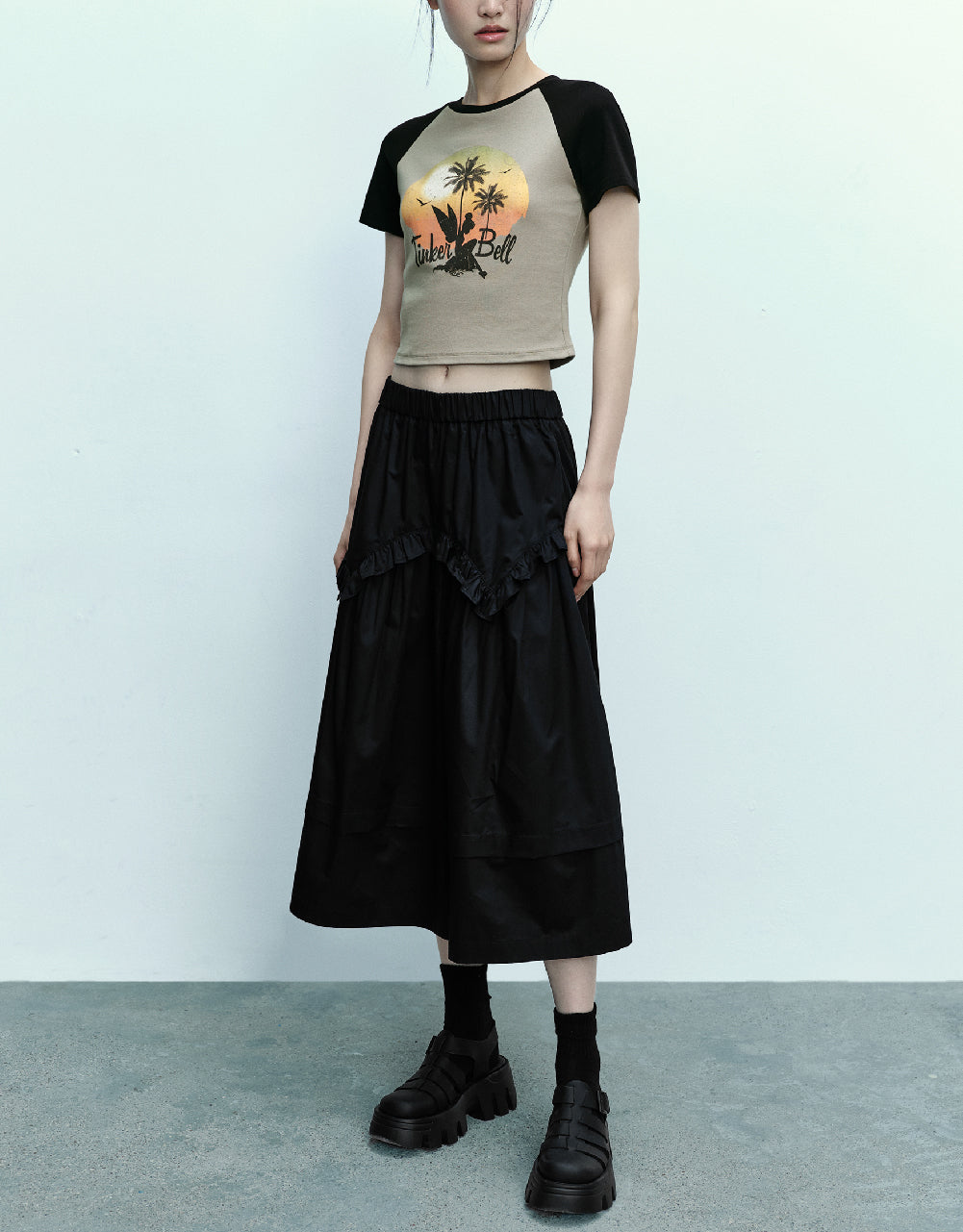 Elastic Waist Midi A-Line Skirt