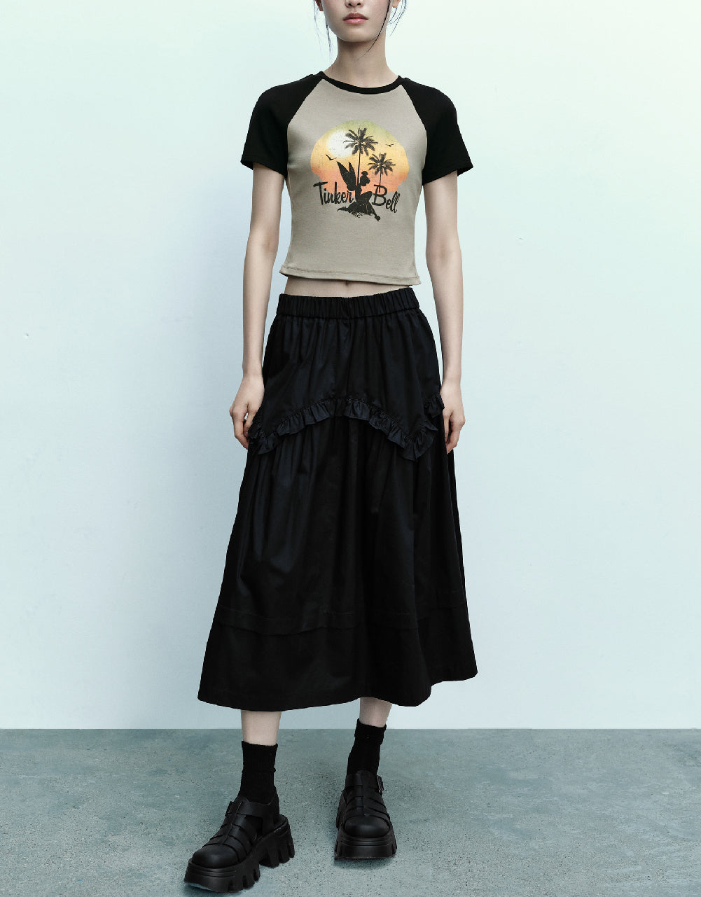 Elastic Waist Midi A-Line Skirt