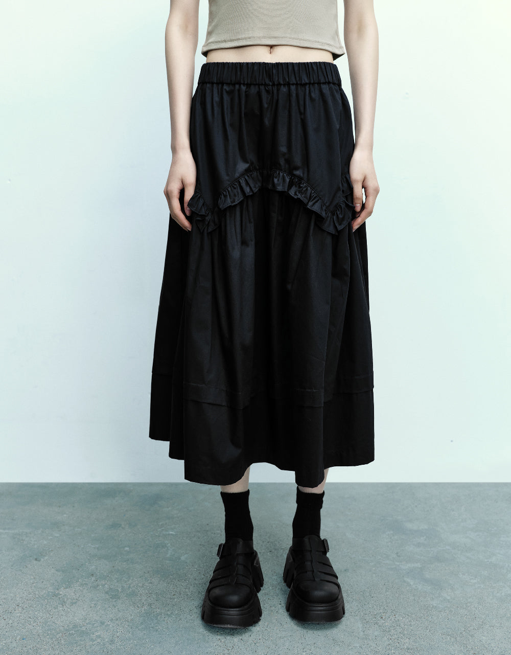 Elastic Waist Midi A-Line Skirt