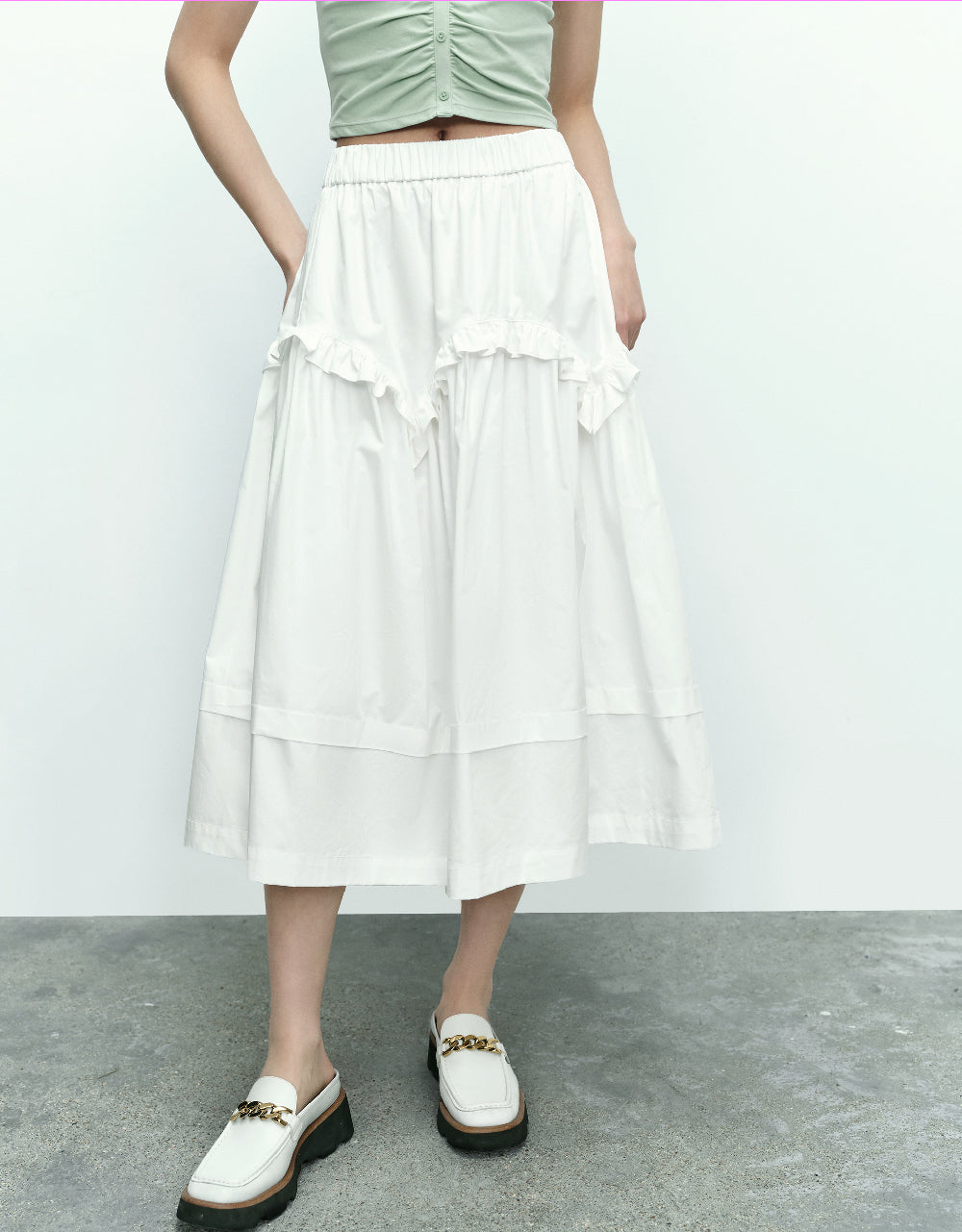 Elastic Waist Midi A-Line Skirt