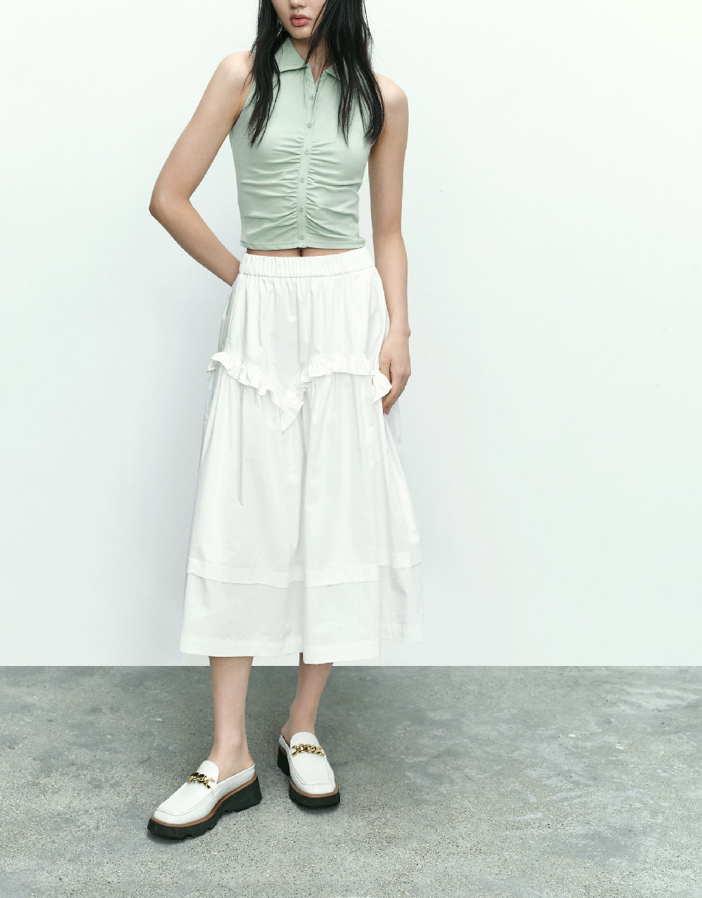 Elastic Waist Midi A-Line Skirt