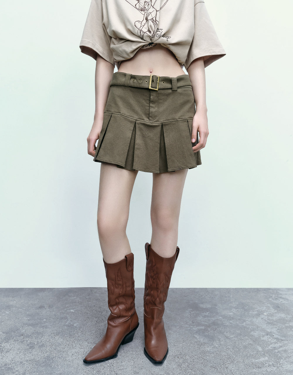 Pleated A-Line Skirt With Belt