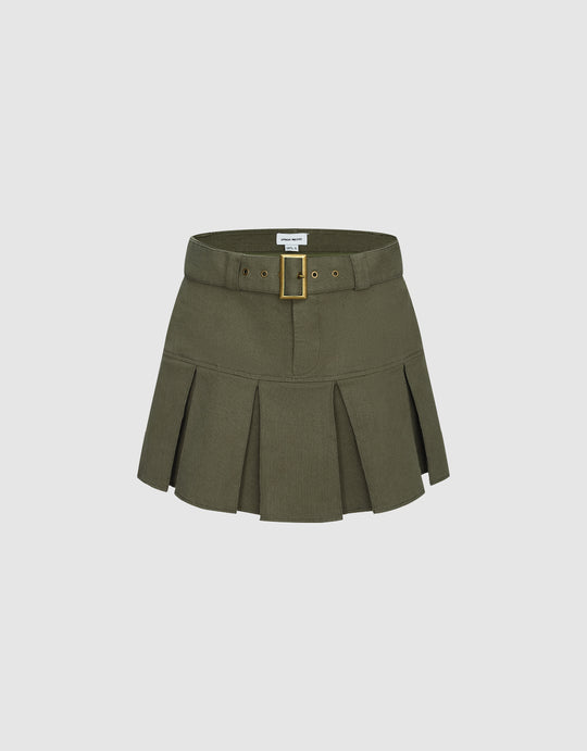 Pleated A-Line Skirt With Belt