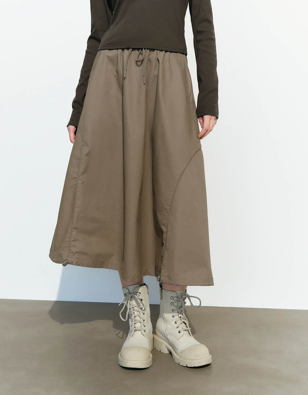 Drawstring Waist Midi A-Line Skirt