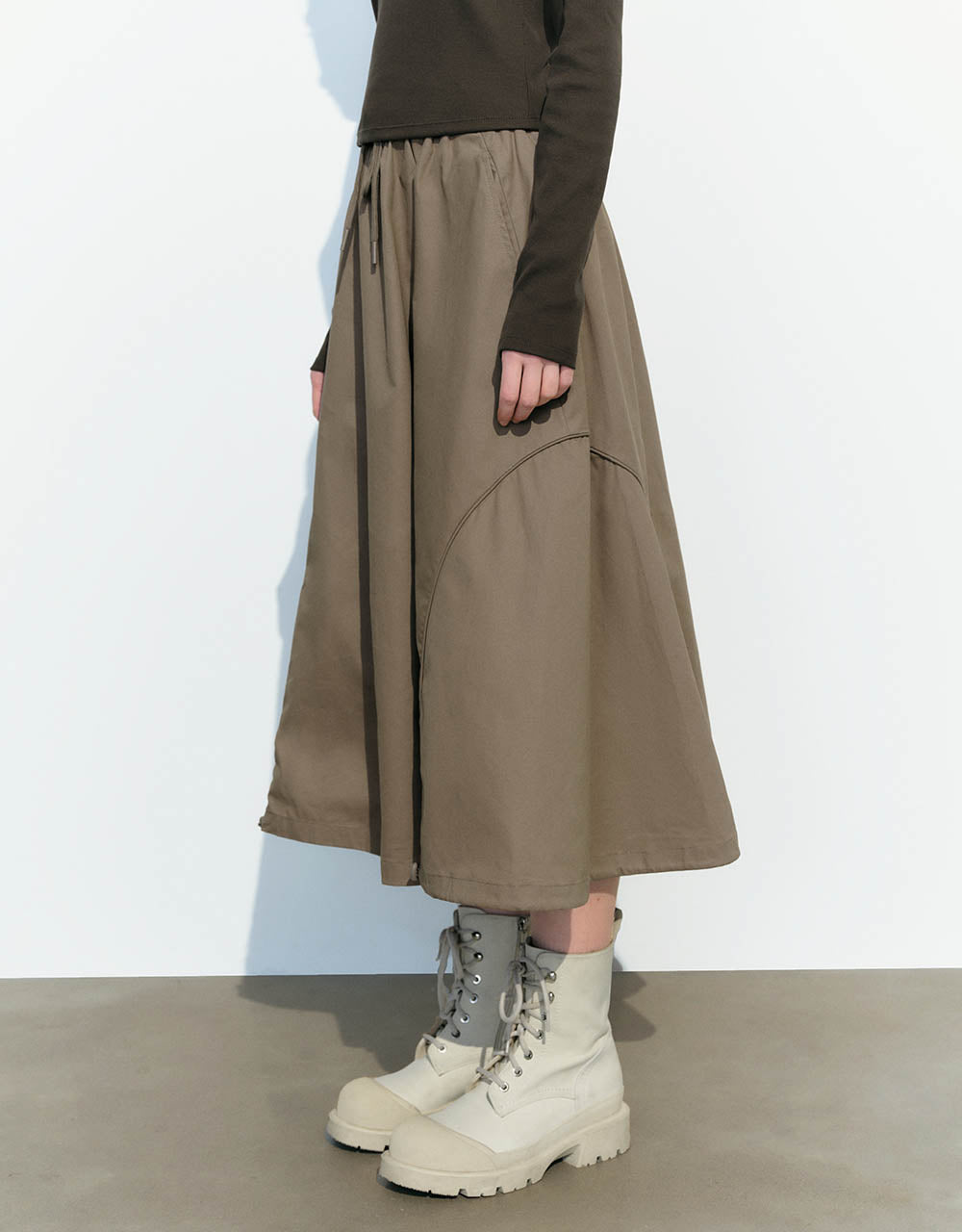 Drawstring Waist Midi A-Line Skirt