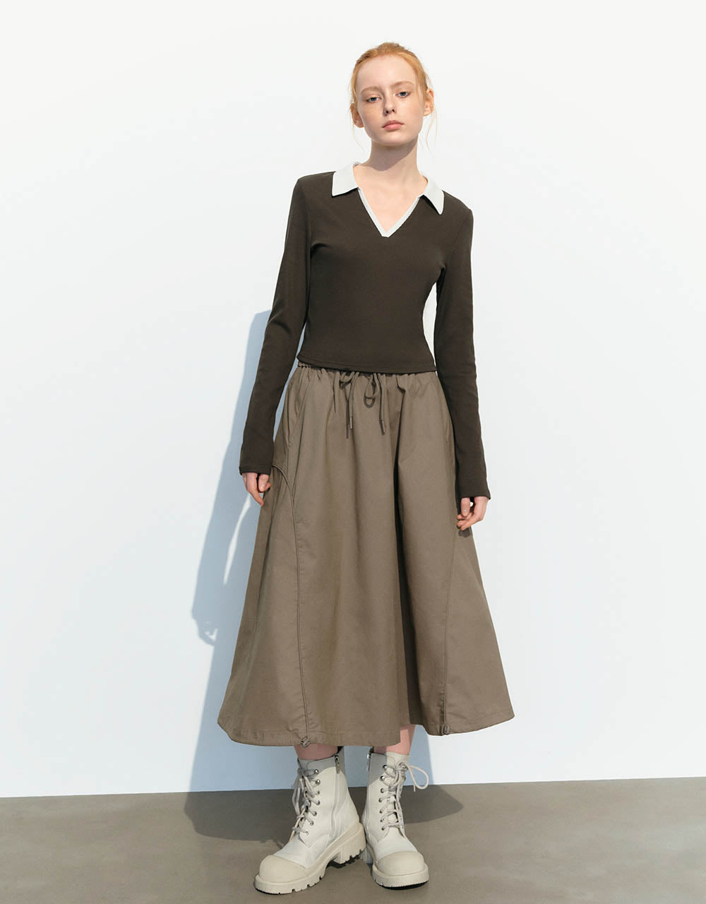 Drawstring Waist Midi A-Line Skirt