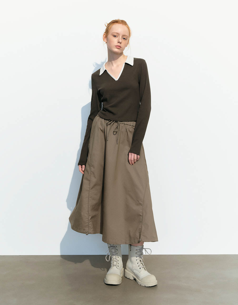 Drawstring Waist Midi A-Line Skirt