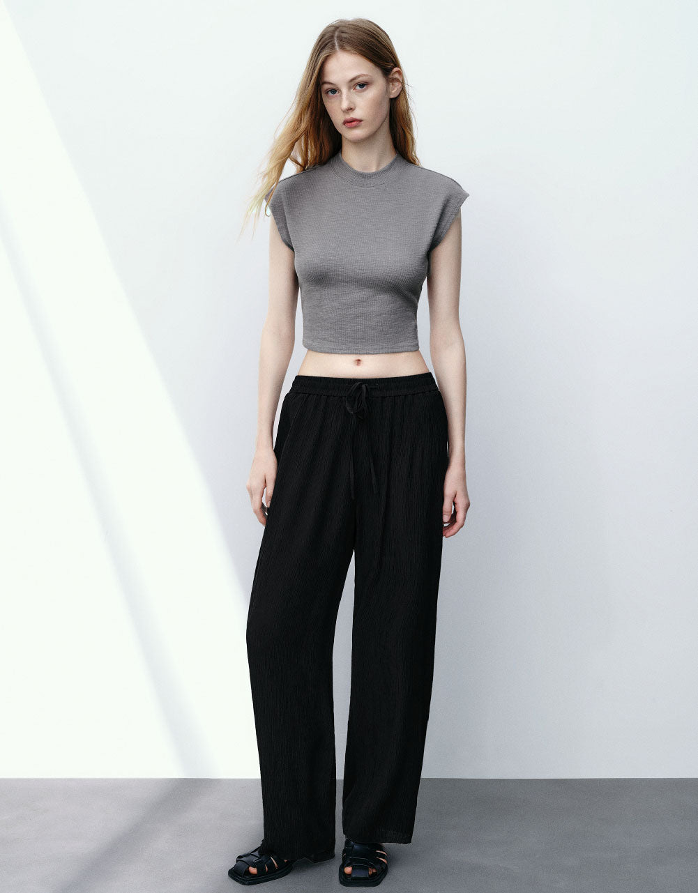 Textured Drawstring Waist Wide-Leg Pants