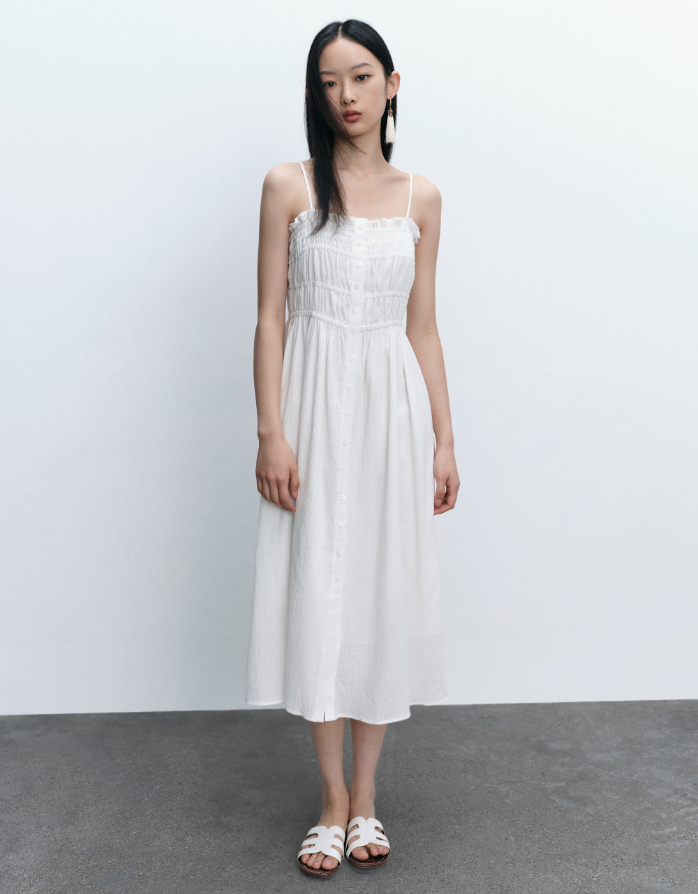Shirred Sleeveless Midi Dress