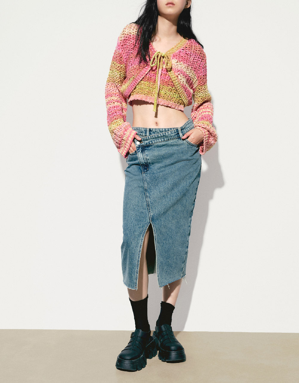 Midi Balloon Denim Skirt