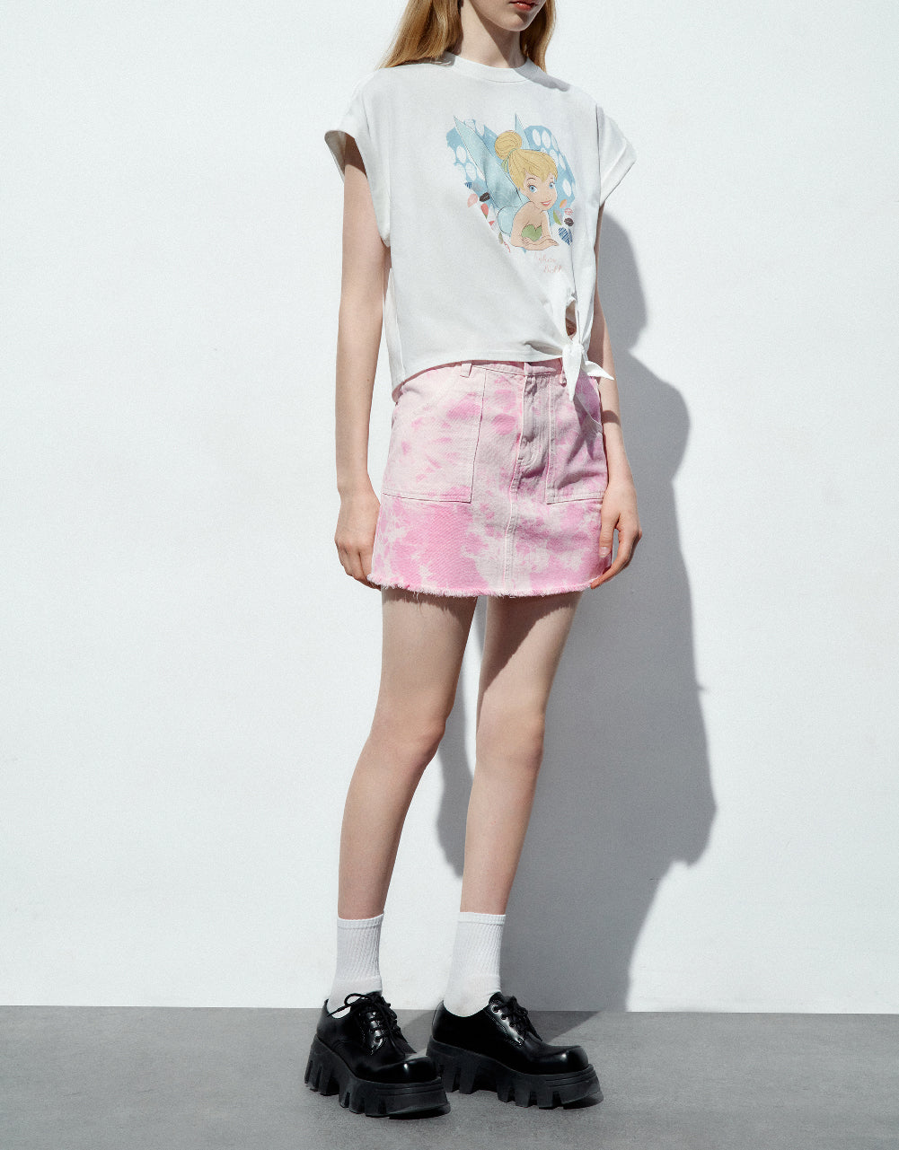 Printed Mini A-Line Denim Skirt