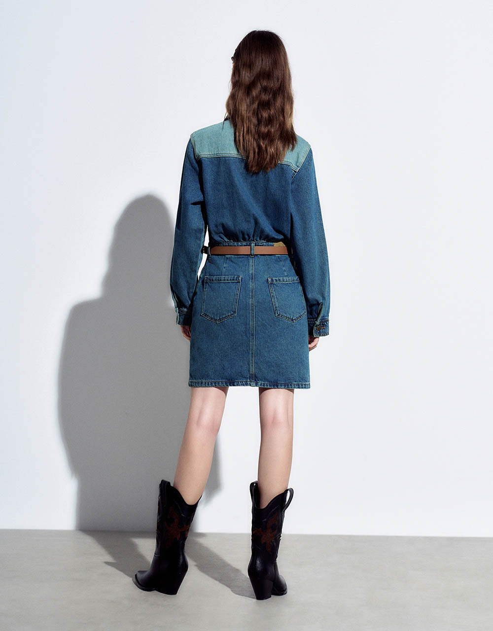 Lapel Denim Dress With Belt