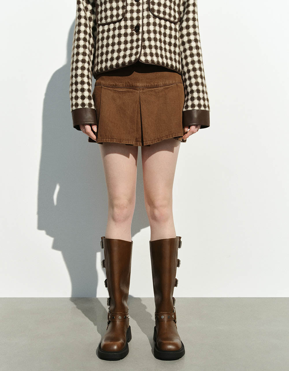Pleated Mini A-Line Denim Skirt