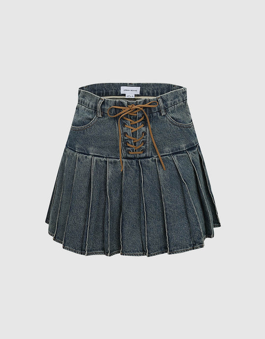 Pleated Mini Denim Skirt