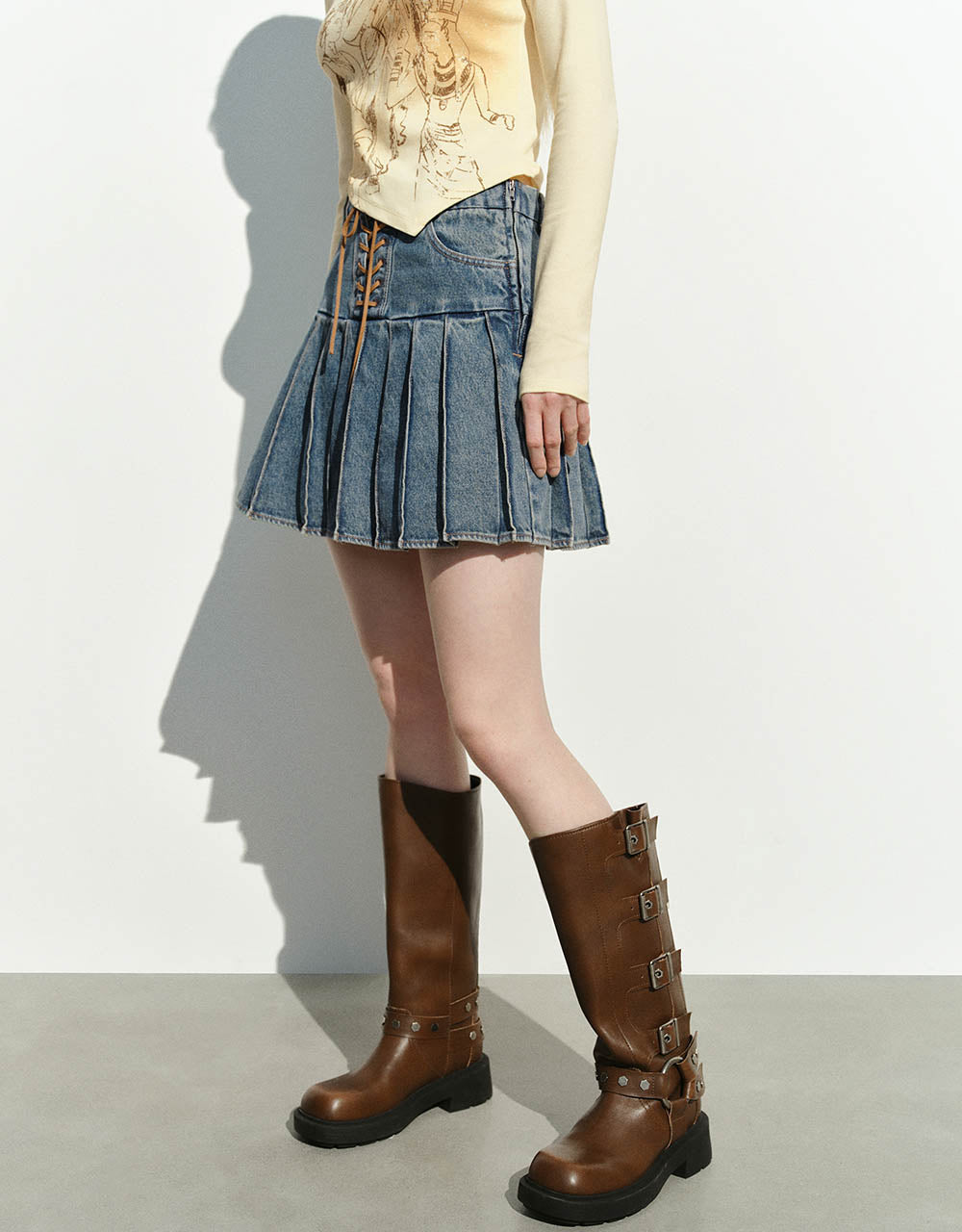 Pleated Mini Denim Skirt