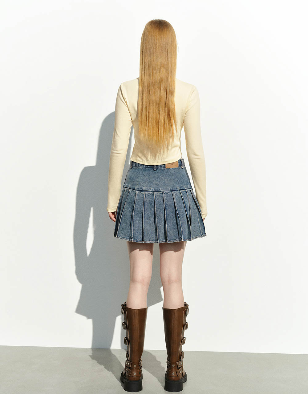 Pleated Mini Denim Skirt