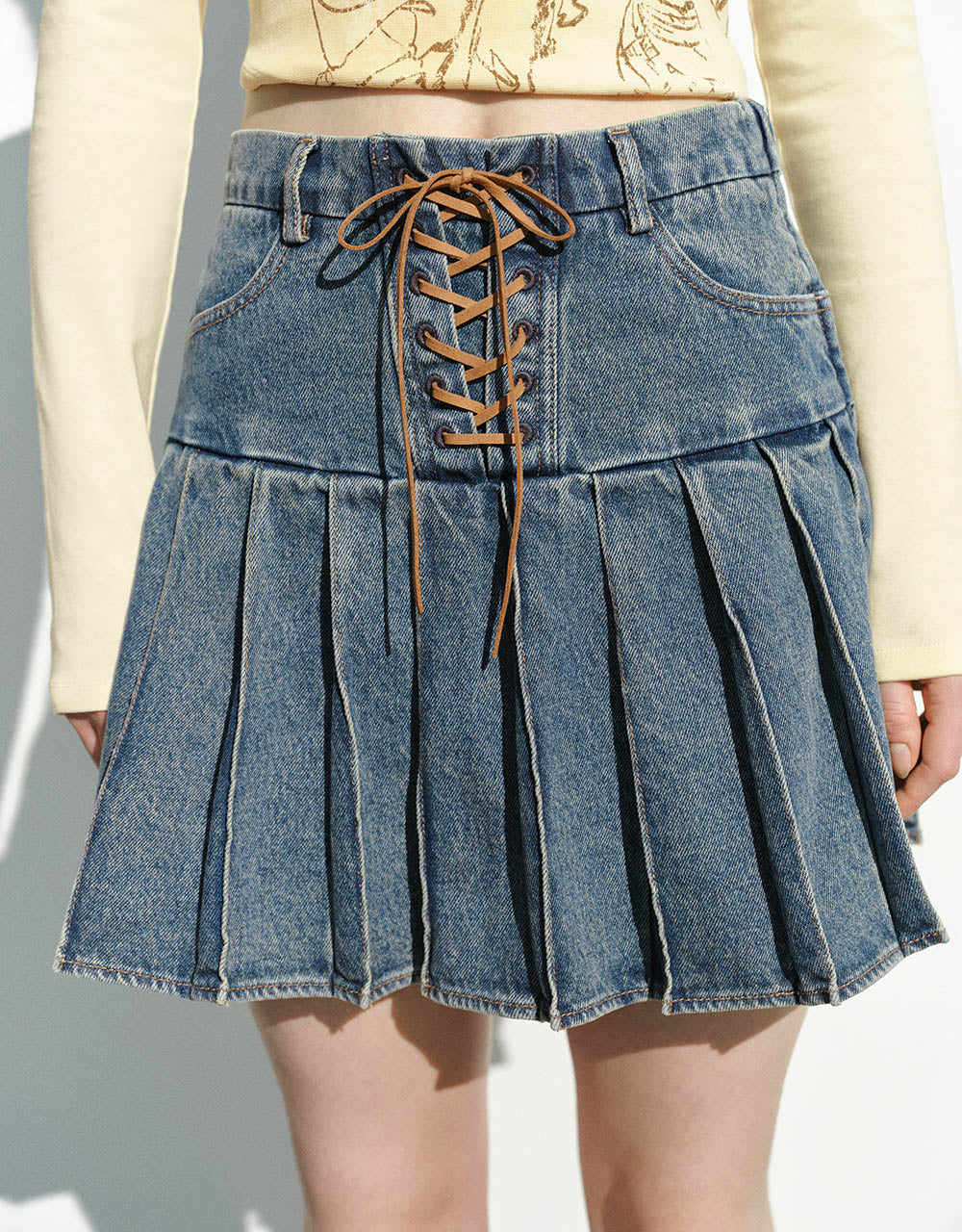 Pleated Mini Denim Skirt