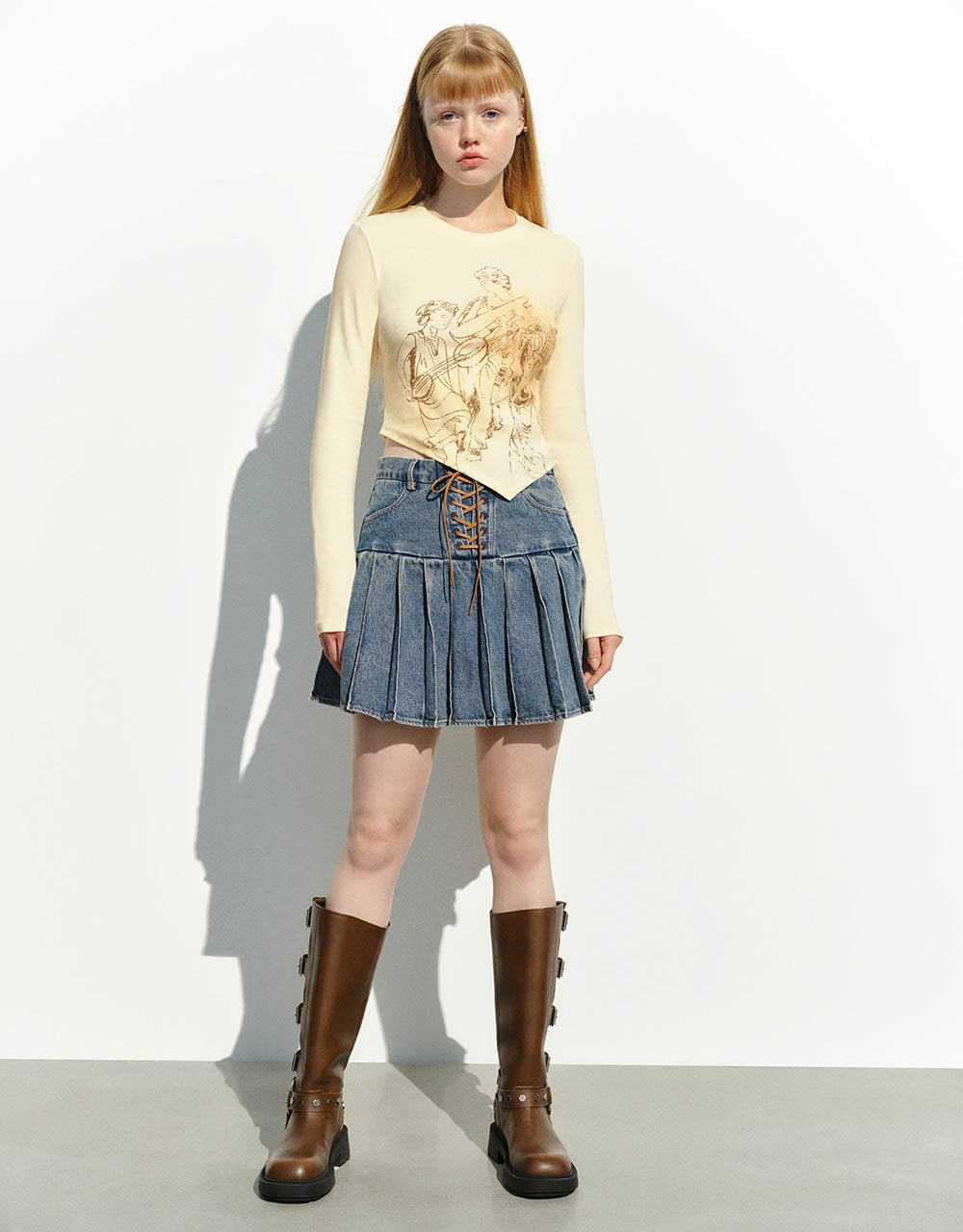 Pleated Mini Denim Skirt