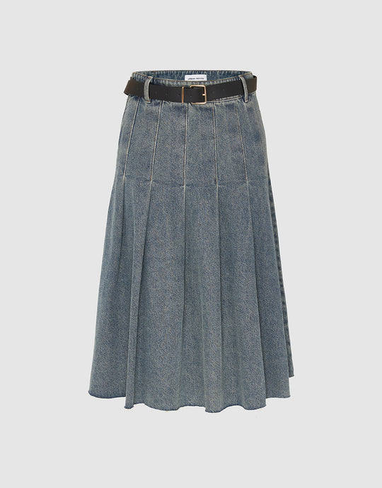 Pleated Midi A-Line Denim Skirt