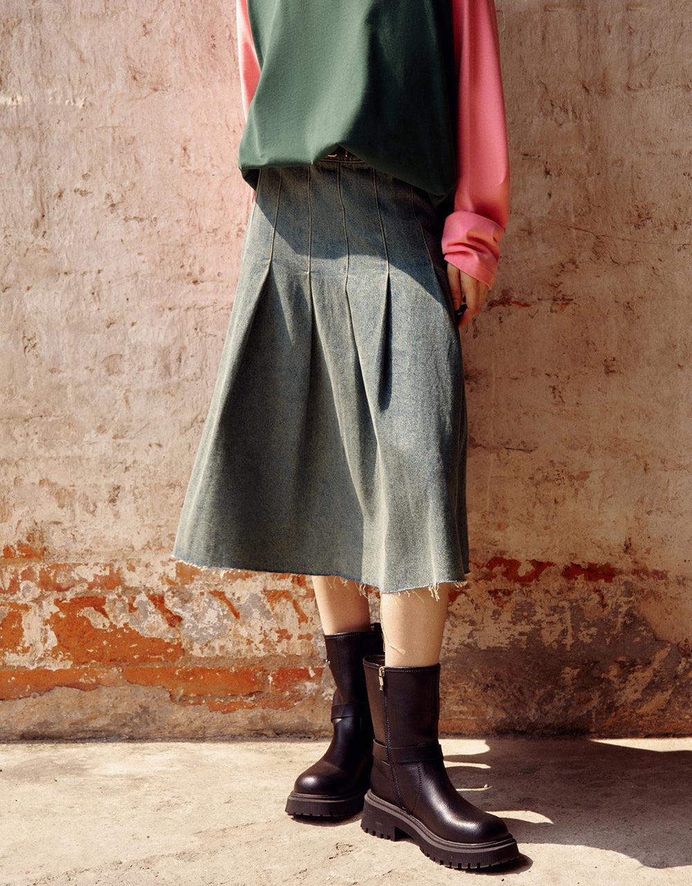 Pleated Midi A-Line Denim Skirt