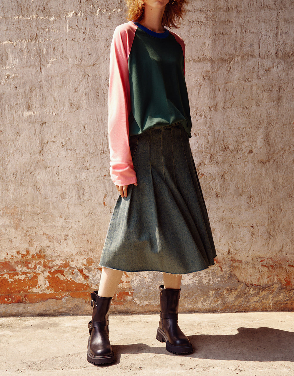 Pleated Midi A-Line Denim Skirt