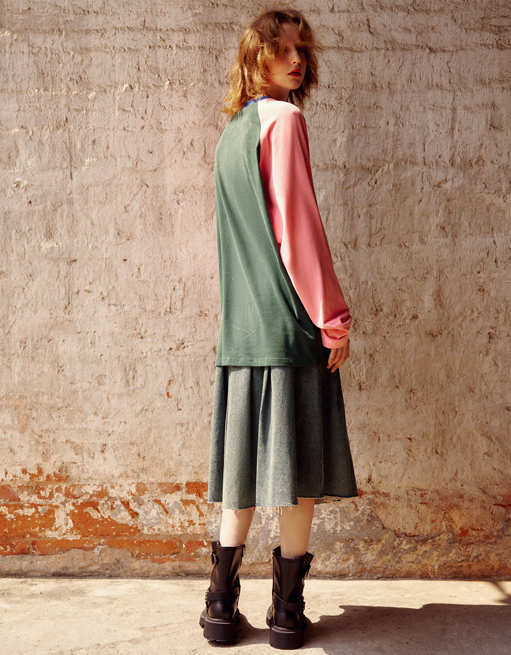 Pleated Midi A-Line Denim Skirt