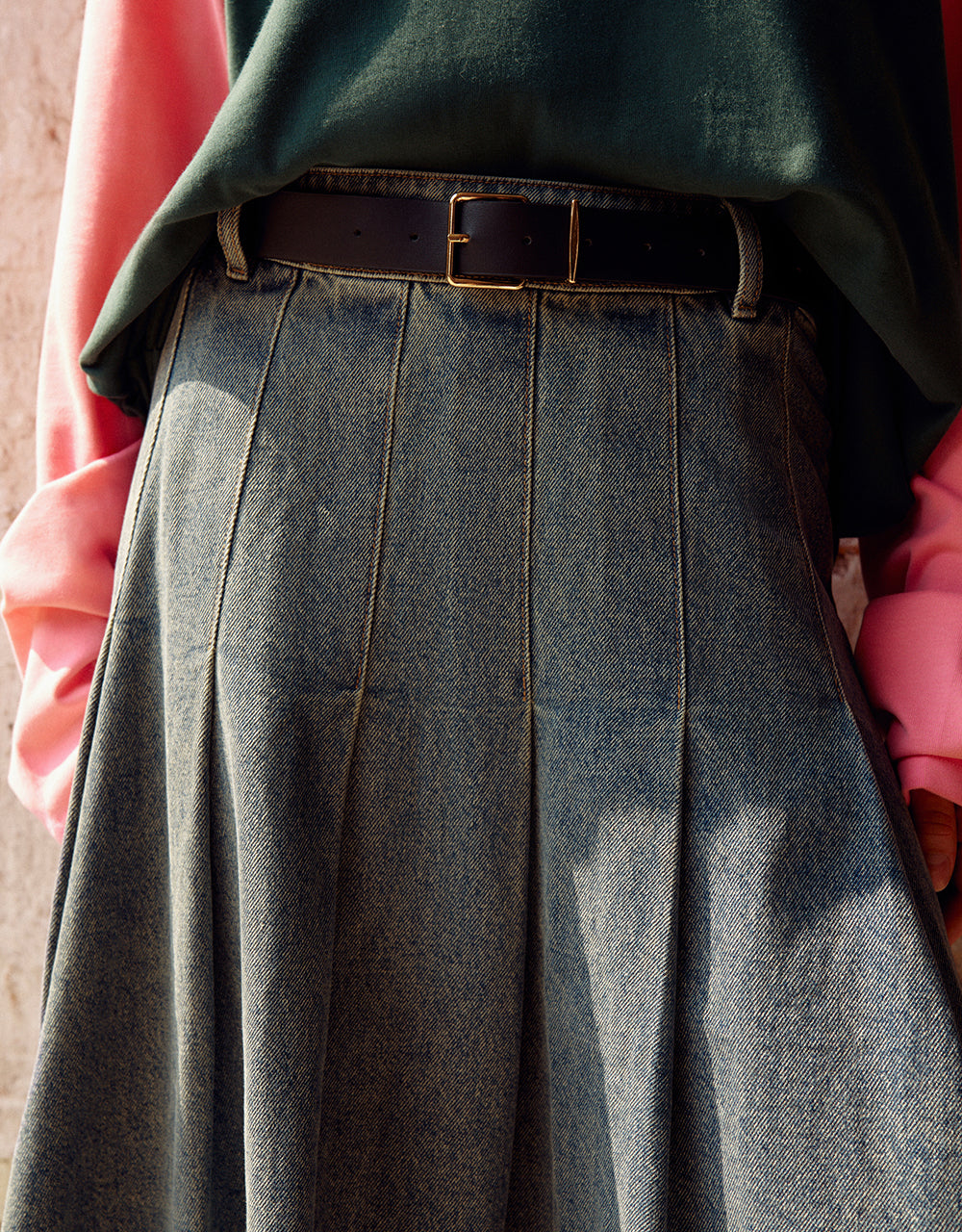 Pleated Midi A-Line Denim Skirt