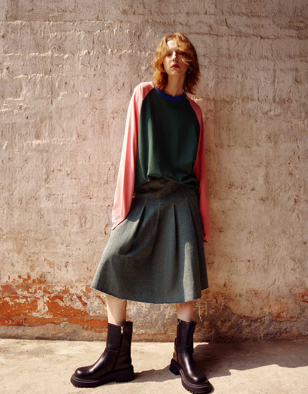 Pleated Midi A-Line Denim Skirt