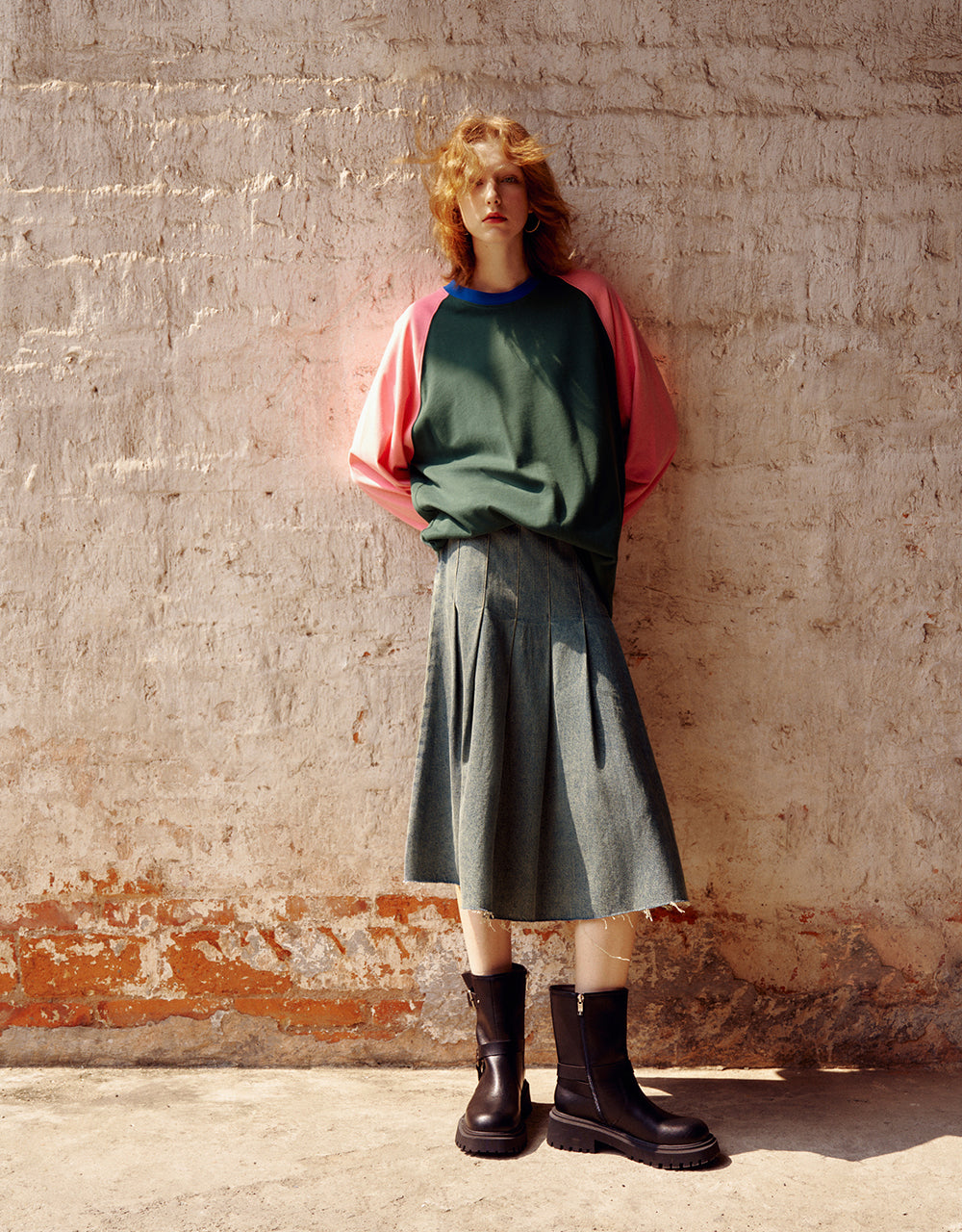 Pleated Midi A-Line Denim Skirt