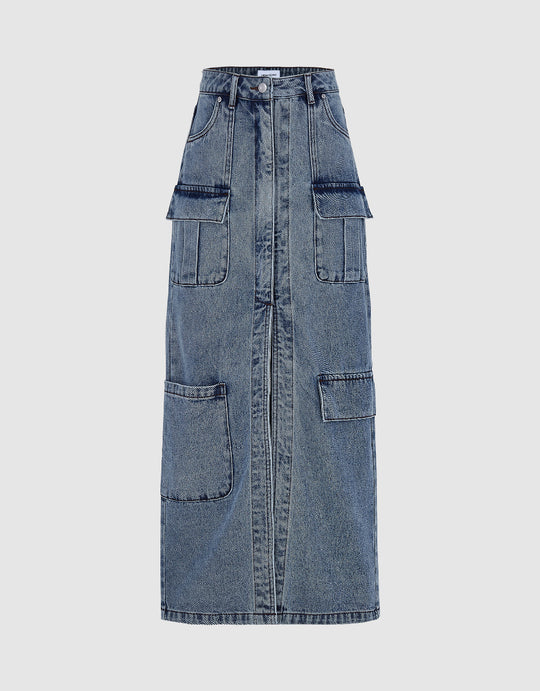 Multi-Pocket Midi Denim Skirt