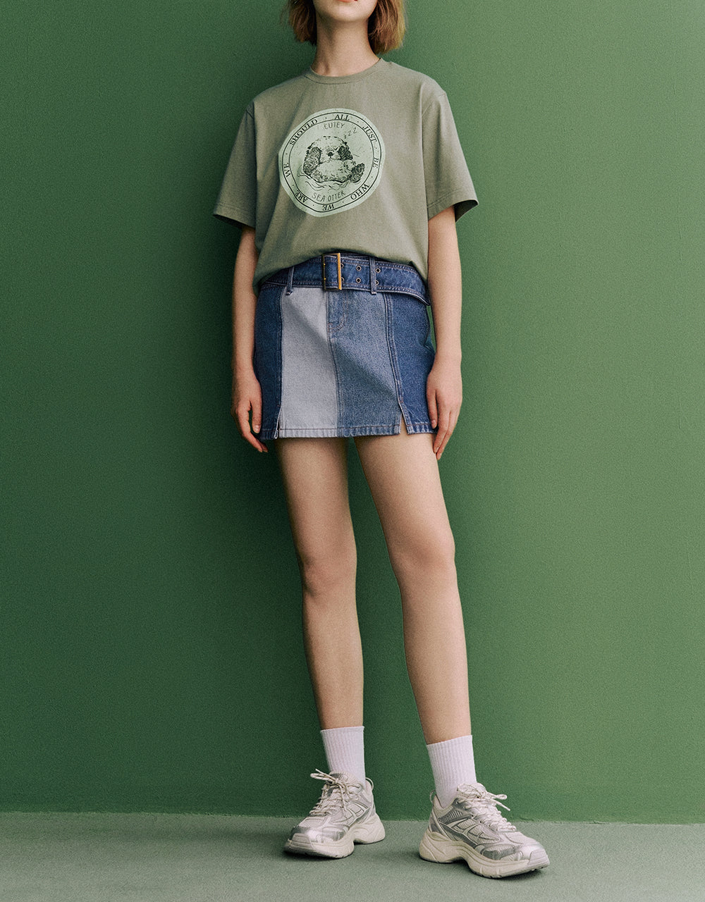 Mini A-Line  Denim Skirt With Belt