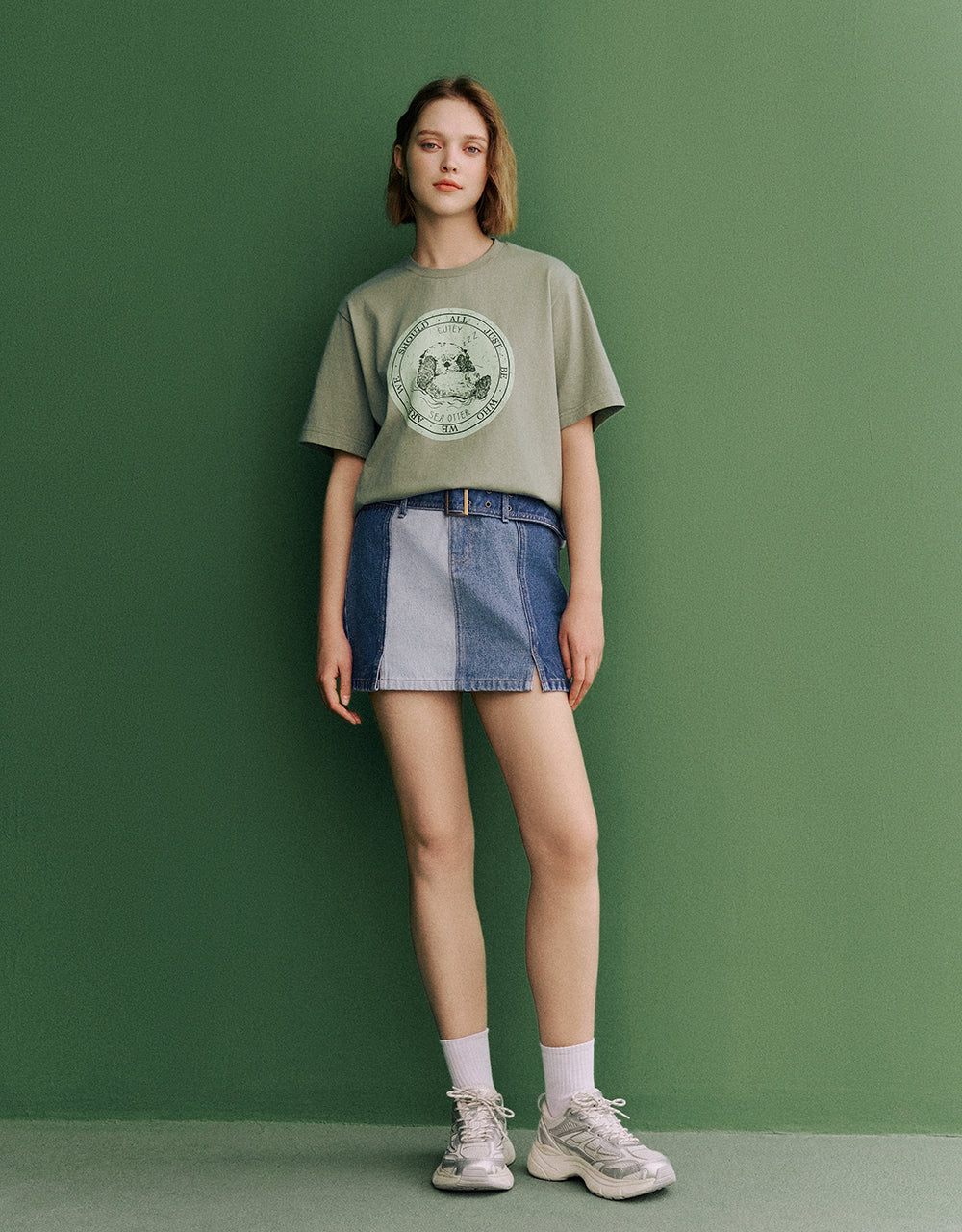 Mini A-Line  Denim Skirt With Belt