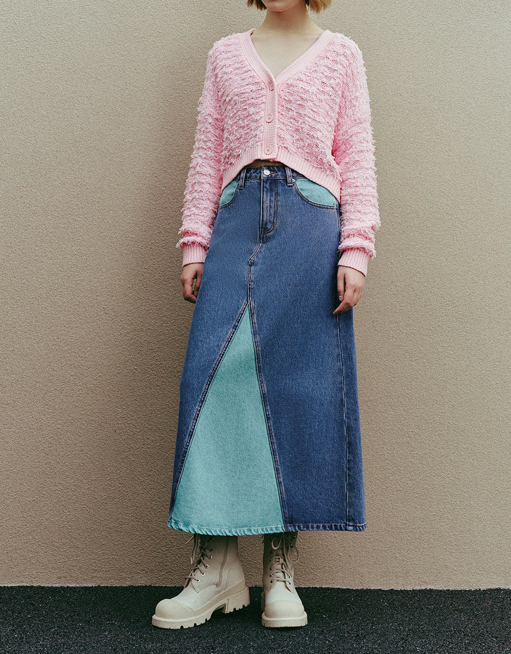 Two Toned Midi A-Line Denim Skirt