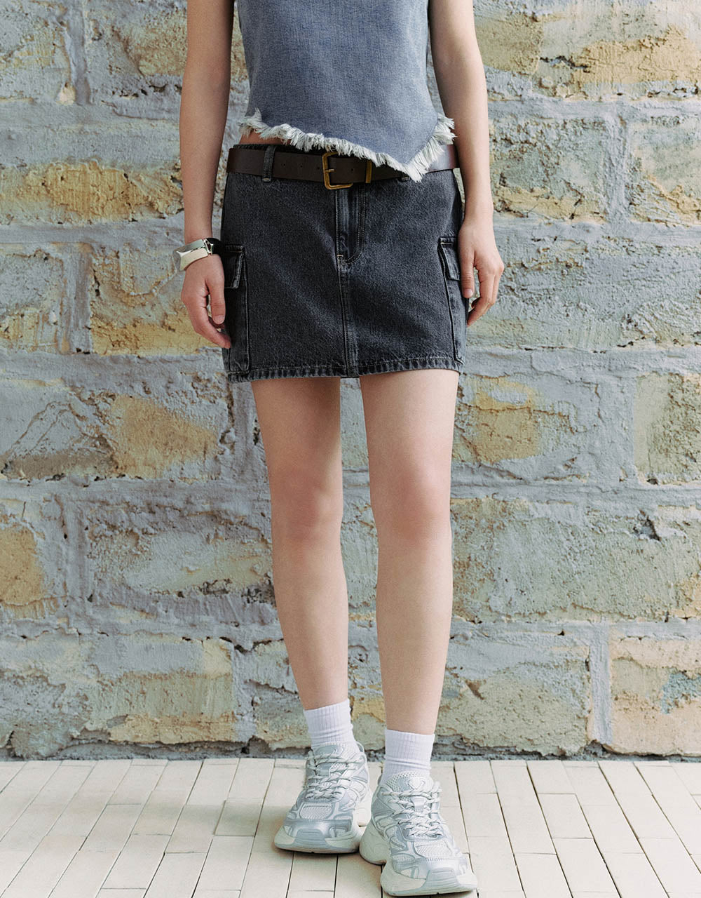 Mini Straight Denim Skirt With Belt