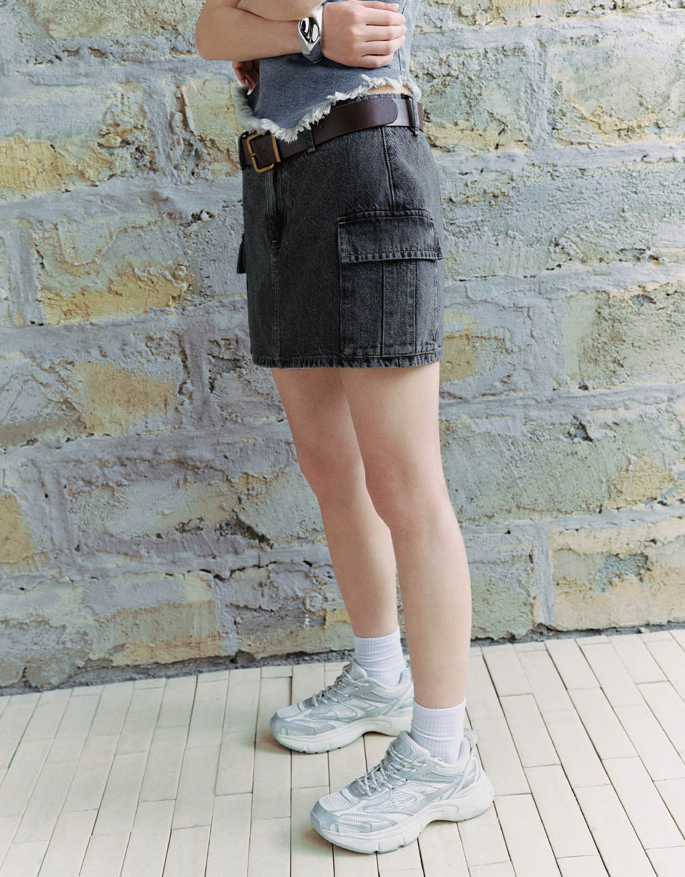 Mini Straight Denim Skirt With Belt
