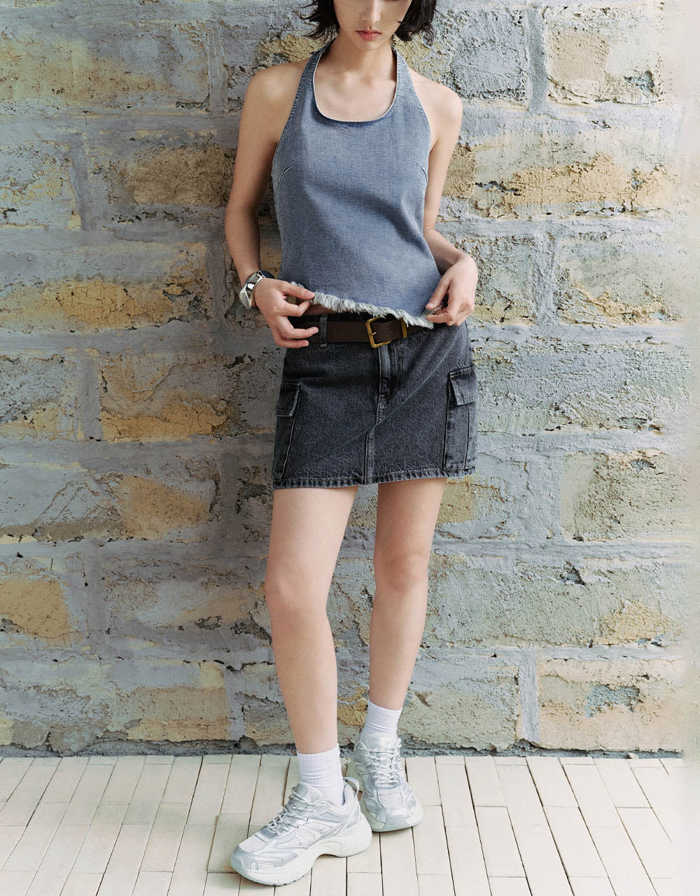 Mini Straight Denim Skirt With Belt