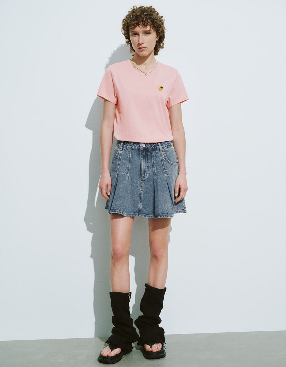 Pleated Mini A-Line Denim Skirt