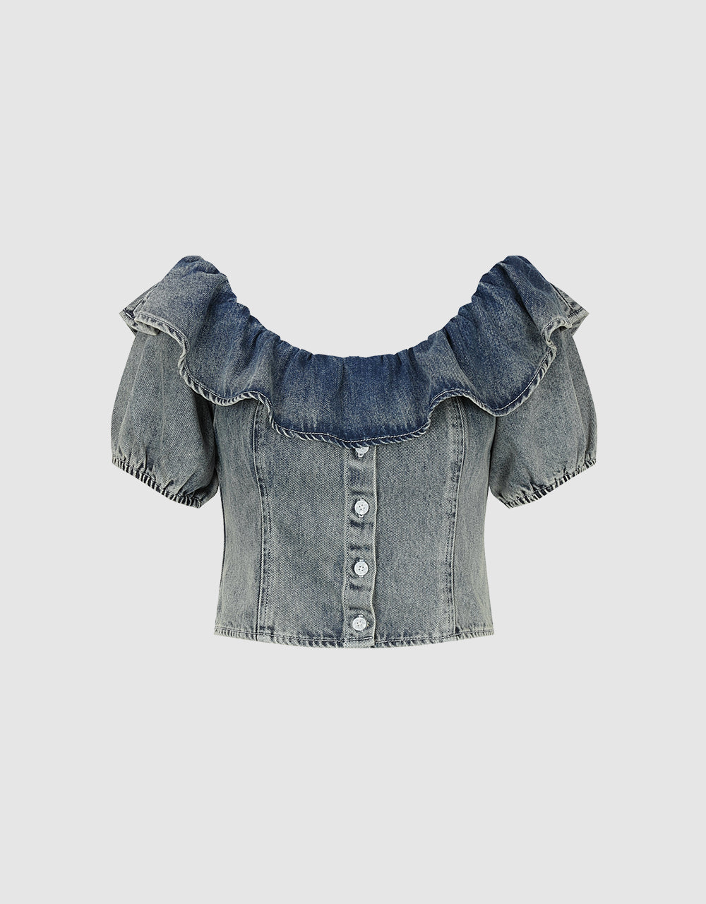 Ruffle U Neck Denim Shirt