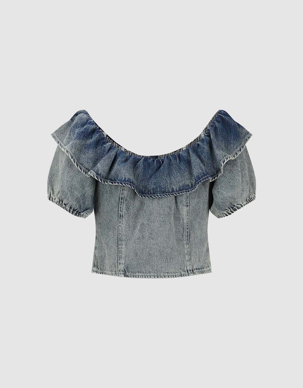 Ruffle U Neck Denim Shirt