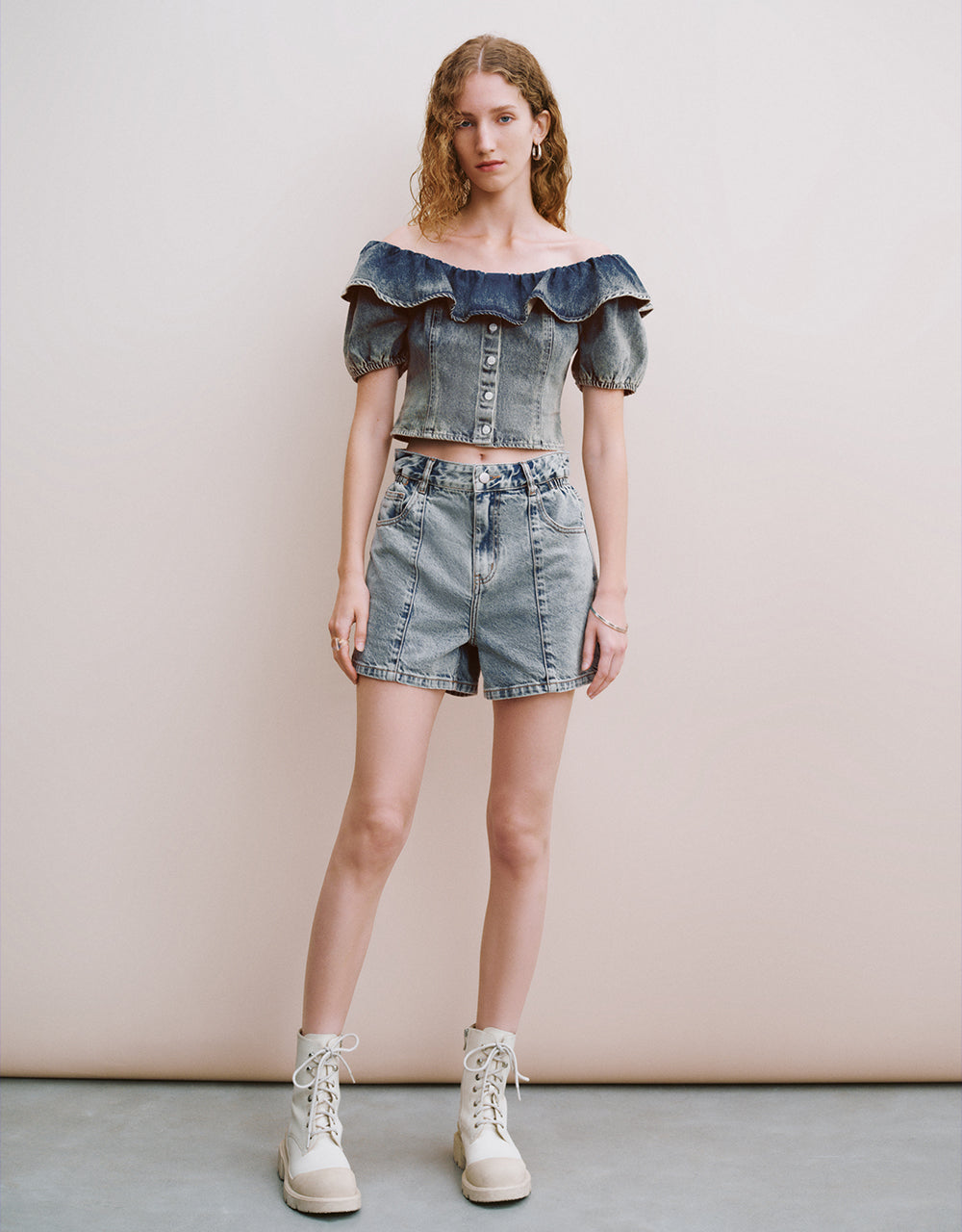 Ruffle U Neck Denim Shirt