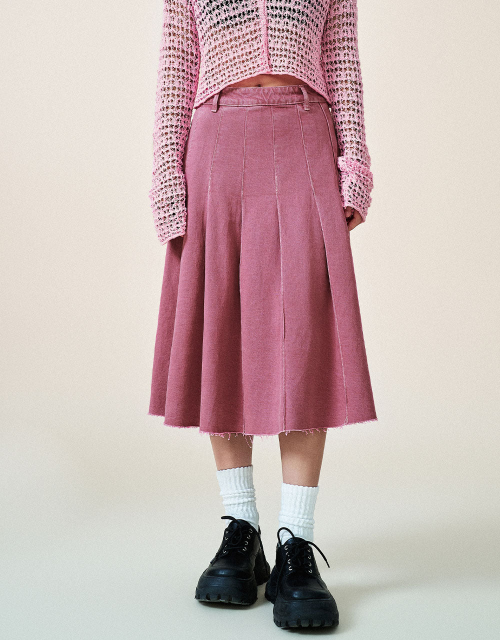 Pleated Midi Denim Skirt