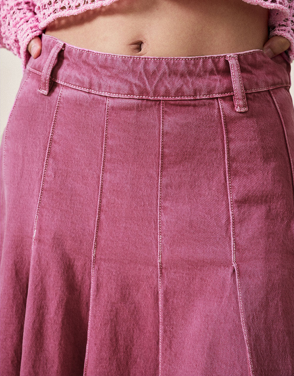 Pleated Midi Denim Skirt