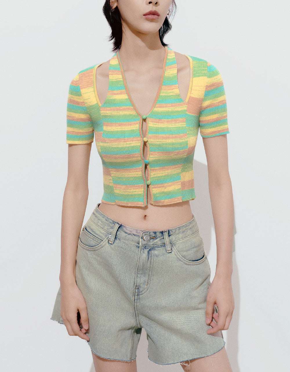 Striped Cut-Out Knitted T-Shirt