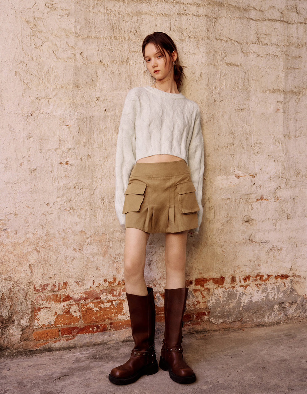 Crew Neck Cable Knitted T-Shirt