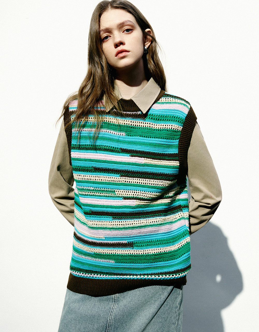 Striped Crew Neck Knitted Vest